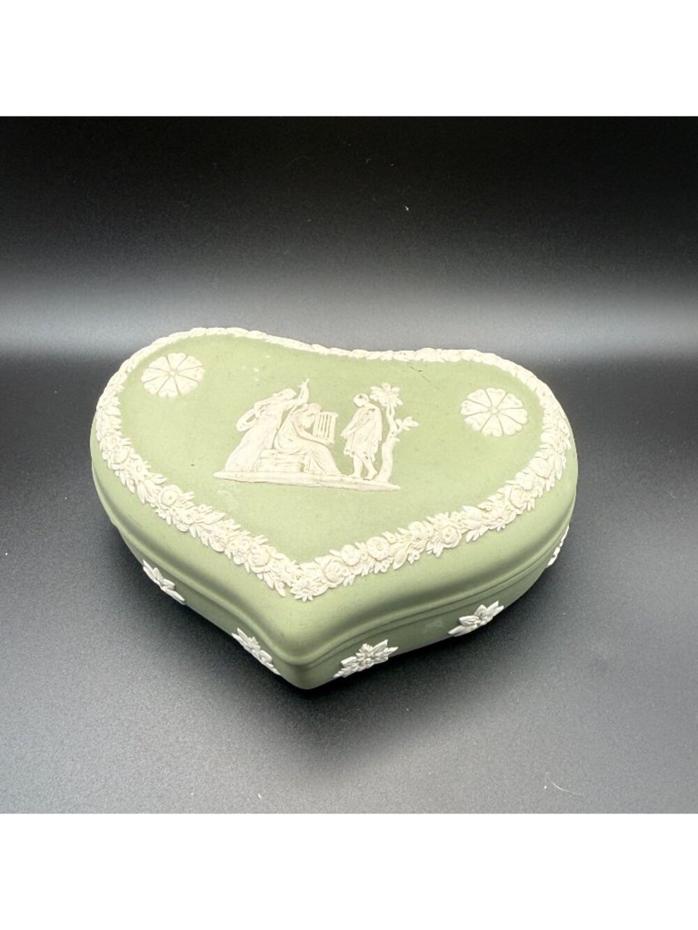 Vintage Wedgwood Green Jasperware Heart Trinket Box: Maiden with Harp, 1960s